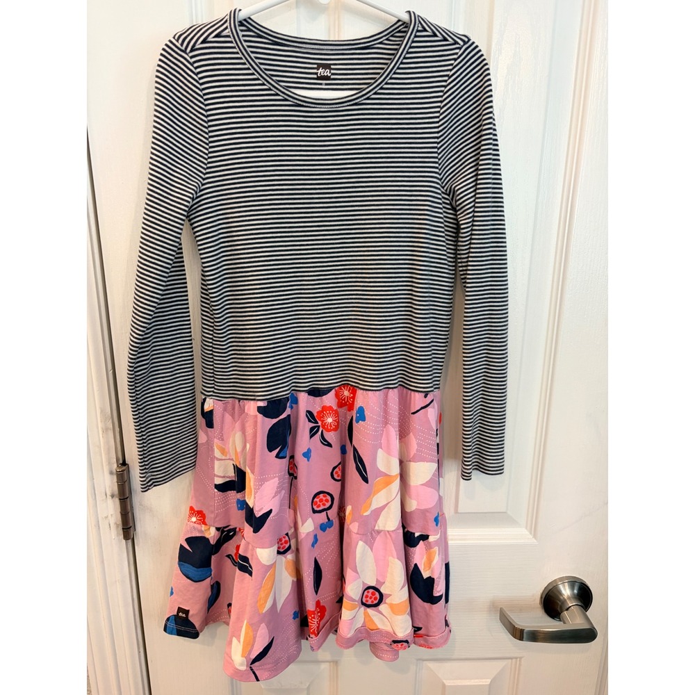 Tea Collection Dress Pink Striped Floral Long Sleeve Tiered Cotton Jersey 8
